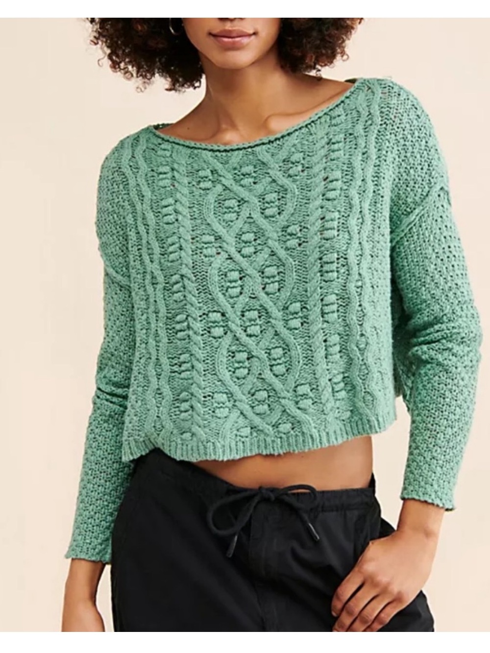 Free People Changing Tides Pullover Long Sleeve Crop Sweater S Spruce